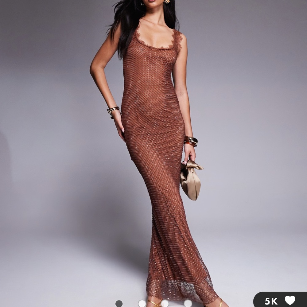 ASOS DESIGN embellished fishnet maxi dress chocolate brown